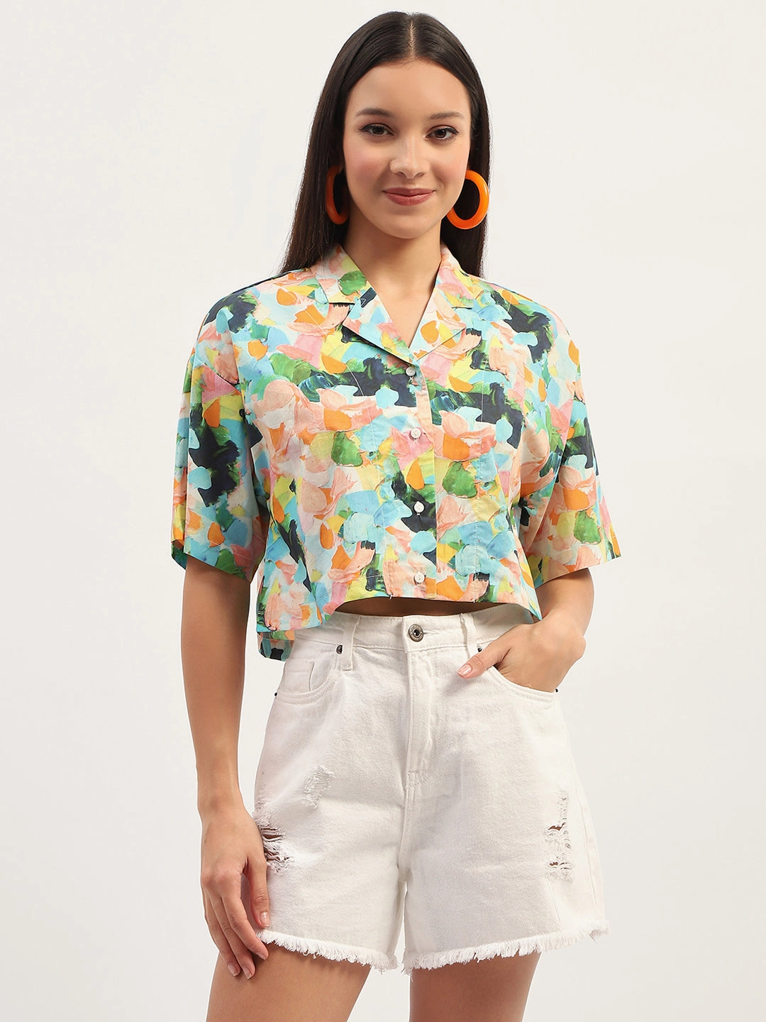 Yoke Design Eco-Friendly Choice Madame Graphic Print Cotton Sky Blue Cropped Shirt