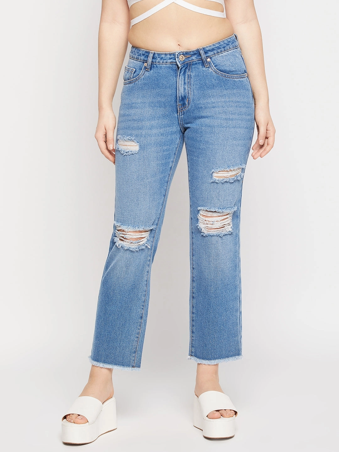 Madame Ripped Mid-Rise Double Wash Cropped Straight Fit Jeans Neutral Casual Streetwear Fan Rugged Feel