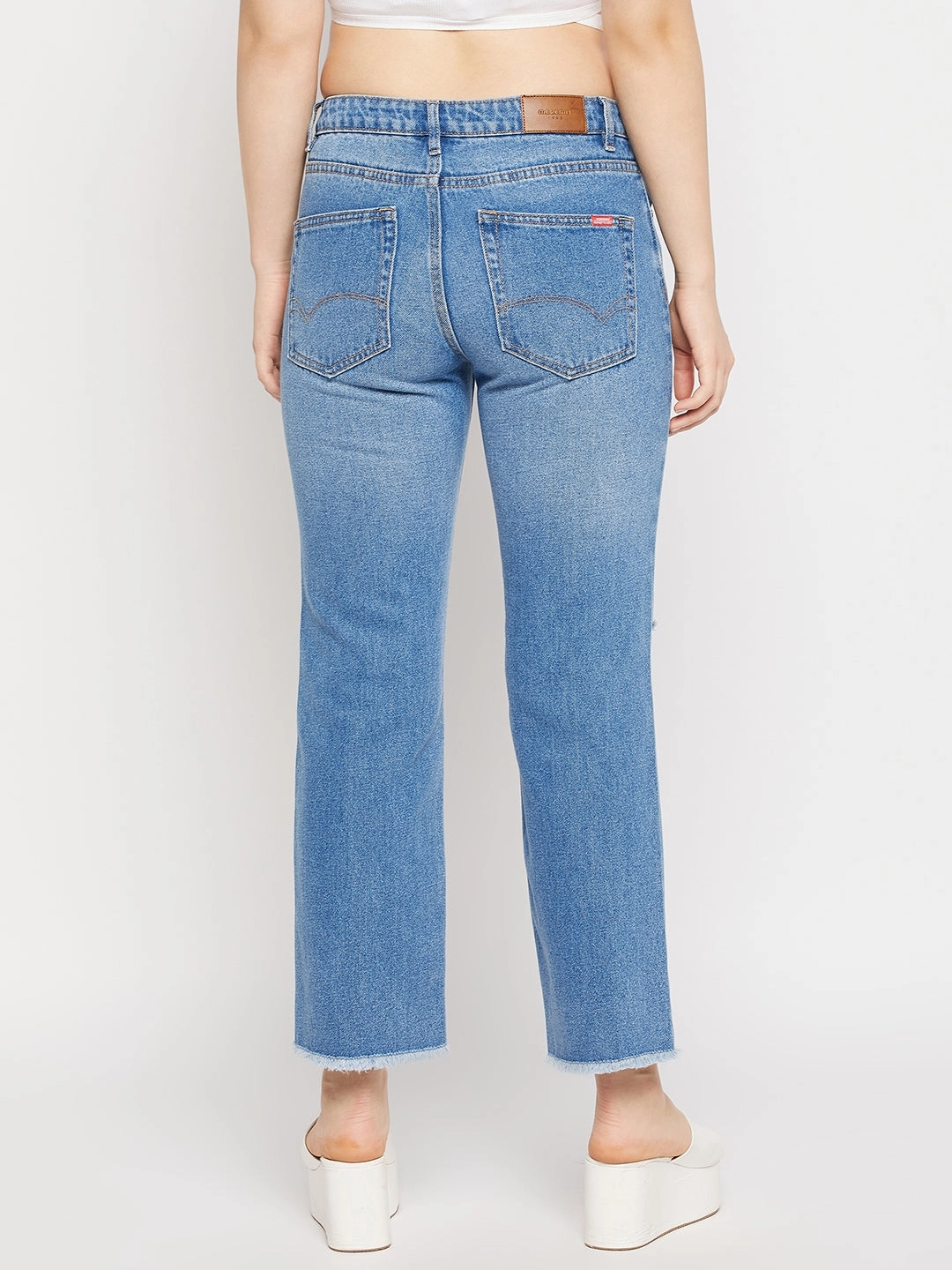 Madame Ripped Mid-Rise Double Wash Cropped Straight Fit Jeans Traveler Gear Stretch Creative Look
