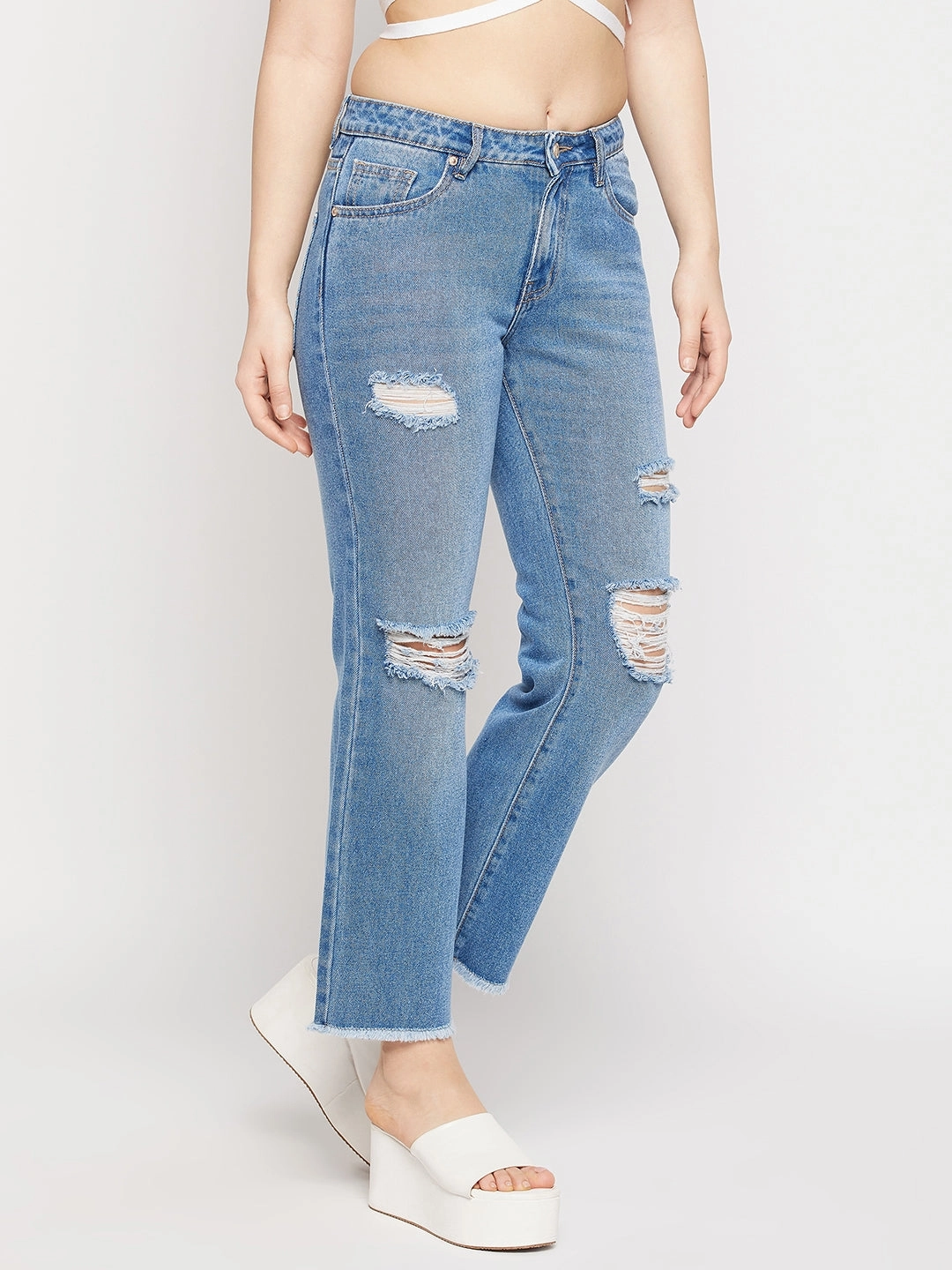 Madame Ripped Mid-Rise Double Wash Cropped Straight Fit Jeans Comfy Choice Slim Family Style Daily Wear