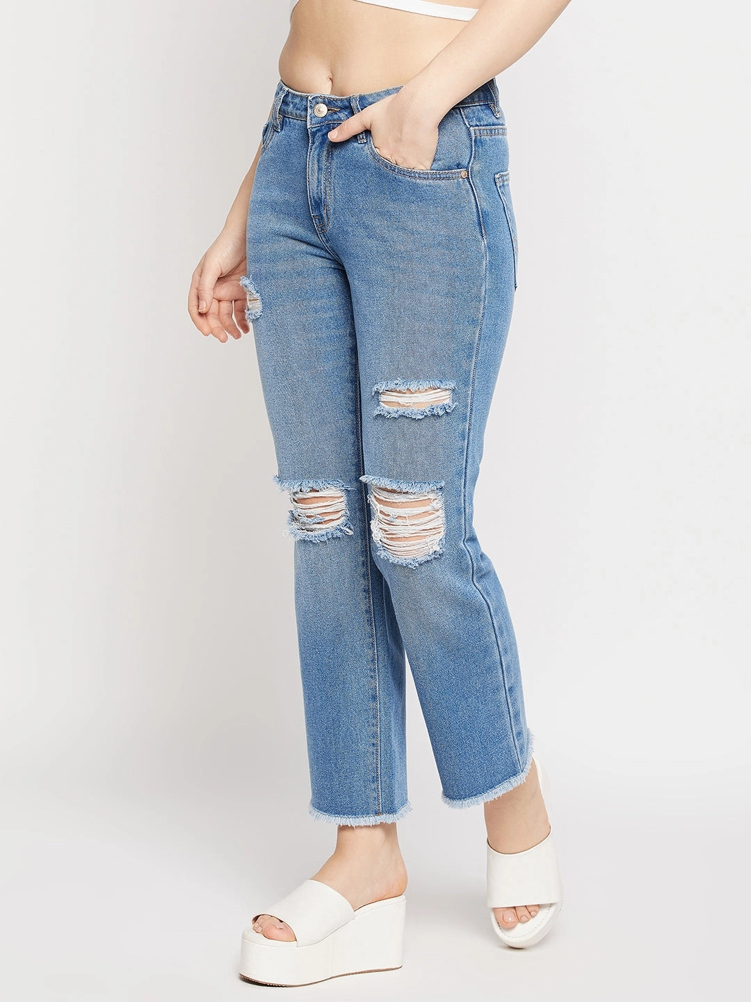 Madame Ripped Mid-Rise Double Wash Cropped Straight Fit Jeans Style Blend Stretch Soft