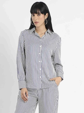 Madame Striped Navy Blue Cotton Blend Shirt Cuffed hem Youthful Style