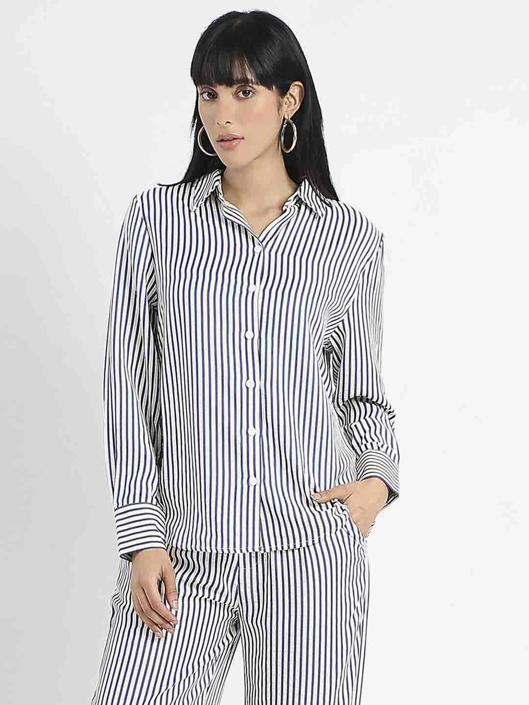 Madame Striped Navy Blue Cotton Blend Shirt Cuffed hem Youthful Style