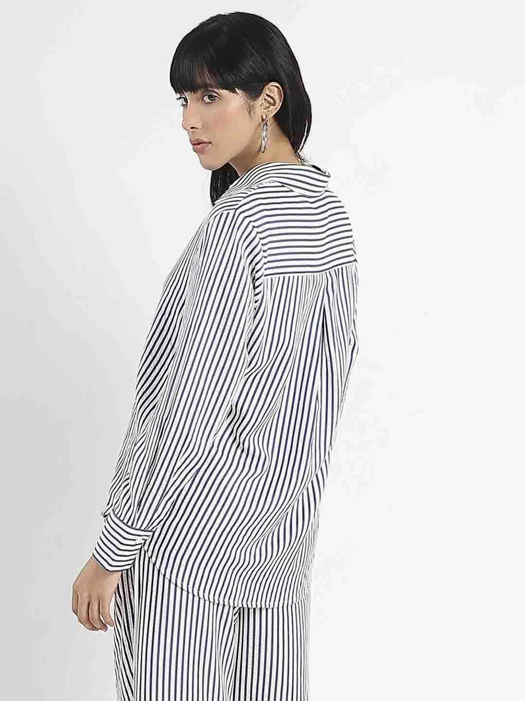 Madame Striped Navy Blue Cotton Blend Shirt Bold Pattern Wardrobe Must-Have