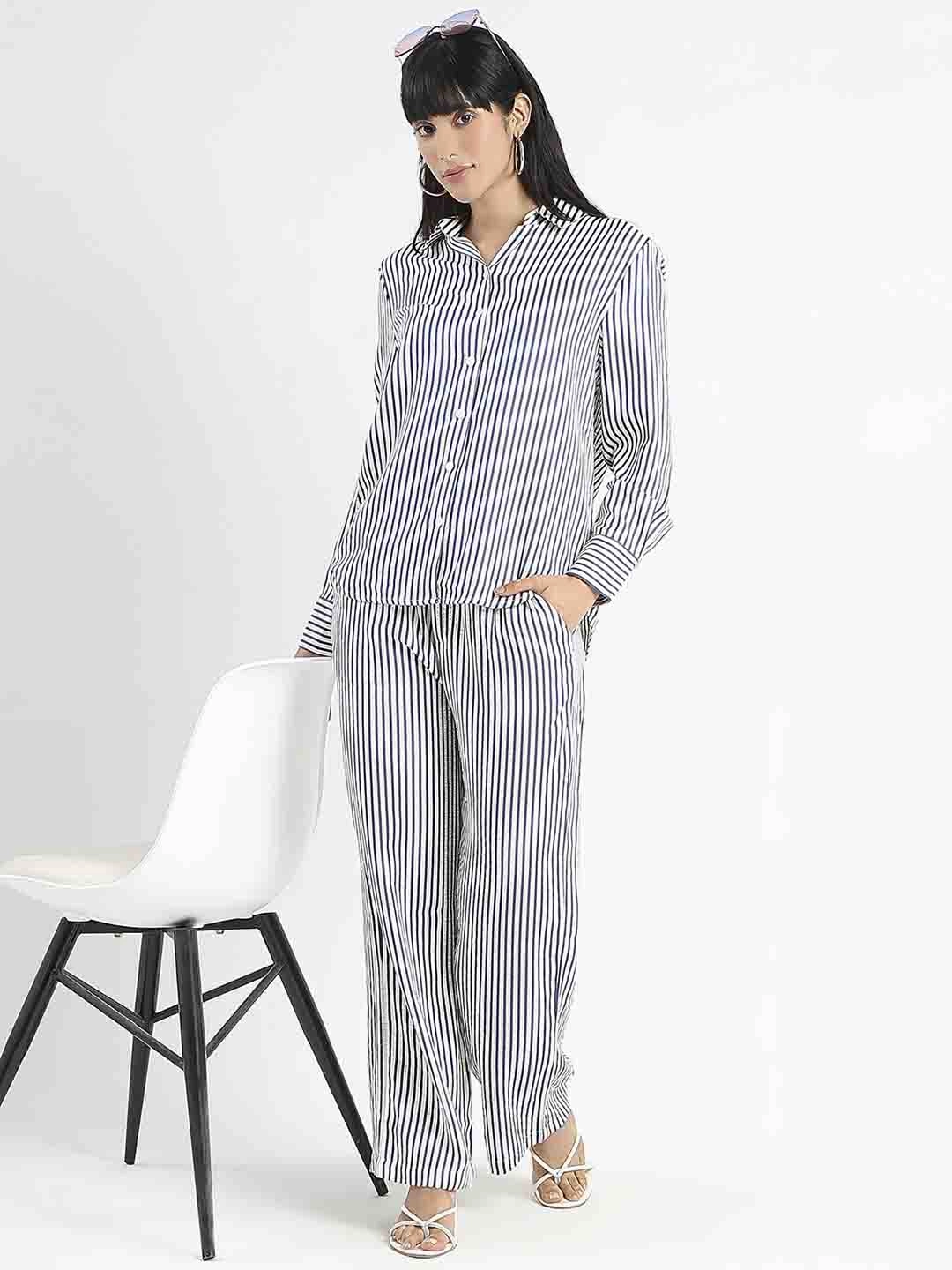 Lace Accent Smart Appearance Madame Striped Navy Blue Cotton Blend Shirt