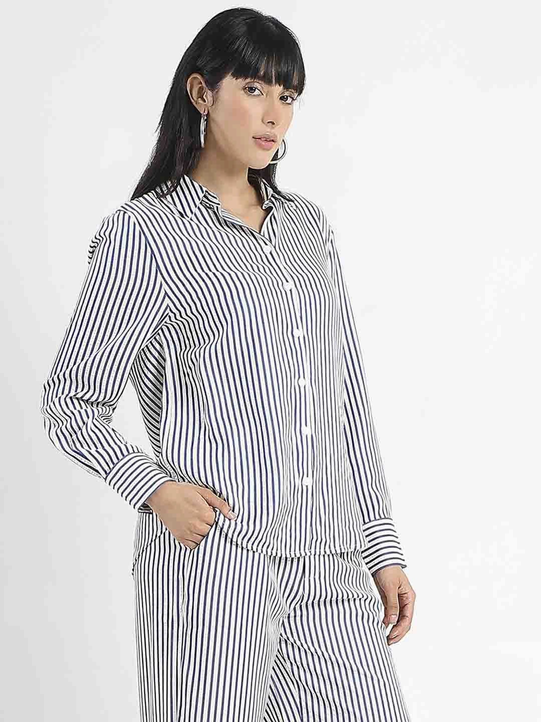Trendy Pattern Madame Striped Navy Blue Cotton Blend Shirt