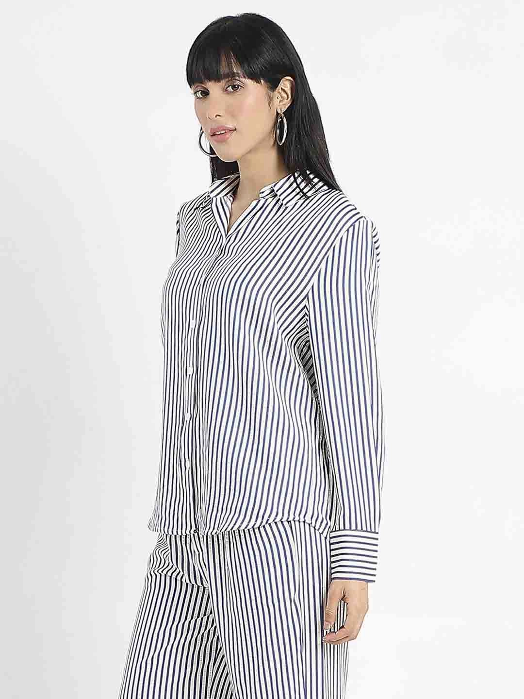 Madame Striped Navy Blue Cotton Blend Shirt Casual Essential Timeless Piece