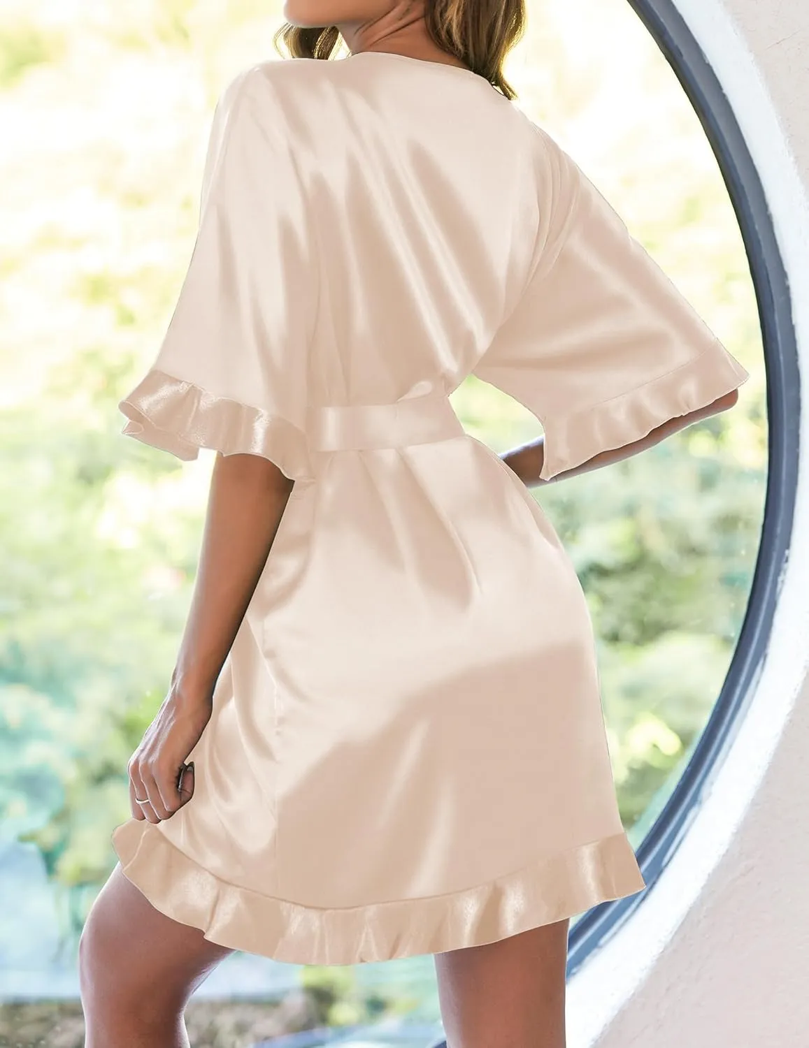 Ekouaer Womens Silk Ruffle Robe Short Satin Kimono Robe Half Sleeve Bathrobe Bridesmaid Wedding Party Dressing Gown
