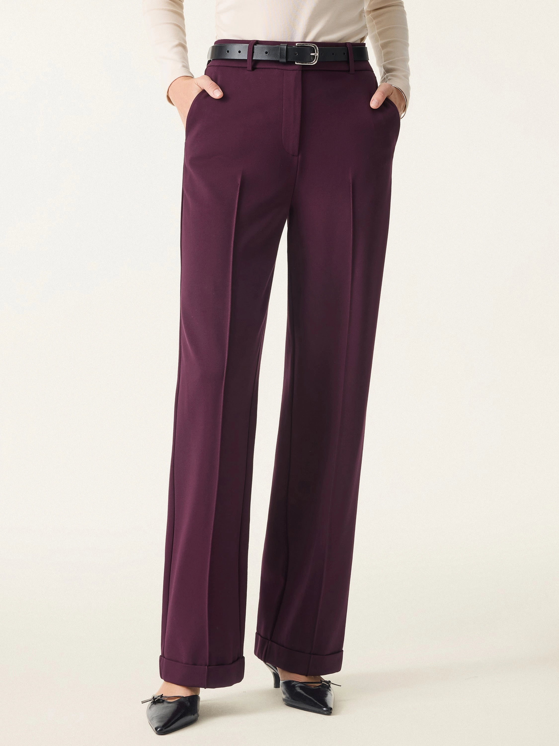 Stretch Ponte High Rise Straight Leg Pintuck Trousers Athletic Flex Wear