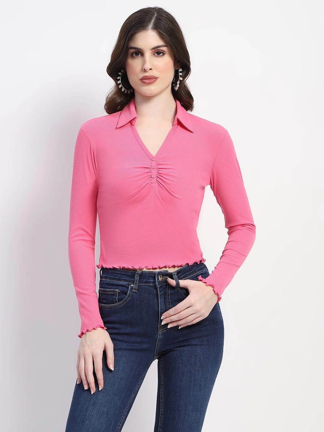 LightweightDesign Madame Collared Neckline Scallop Hem Ruched Pink Top