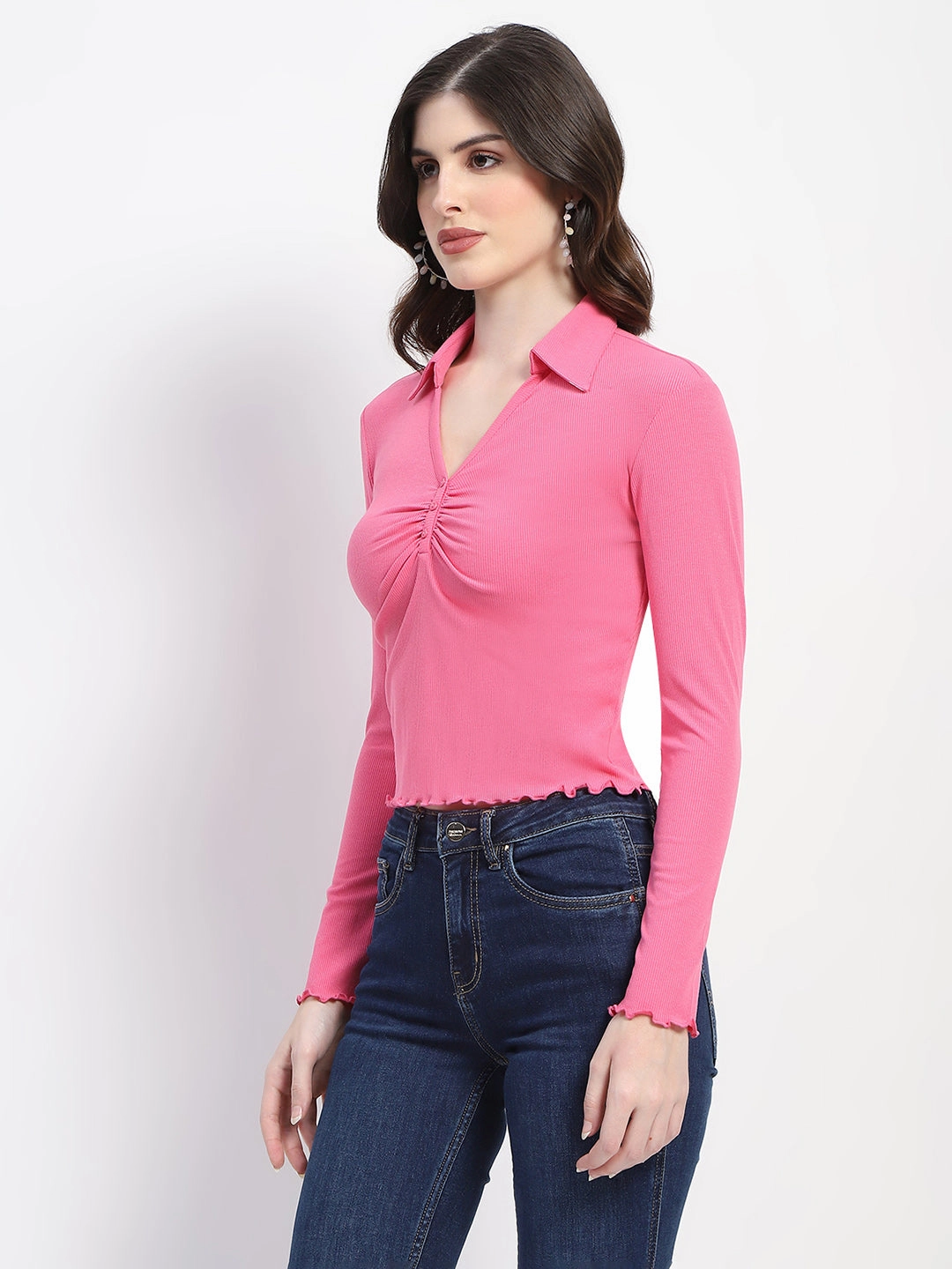 Madame Collared Neckline Scallop Hem Ruched Pink Top Layered Ventilation Zones Recycled Material Blend