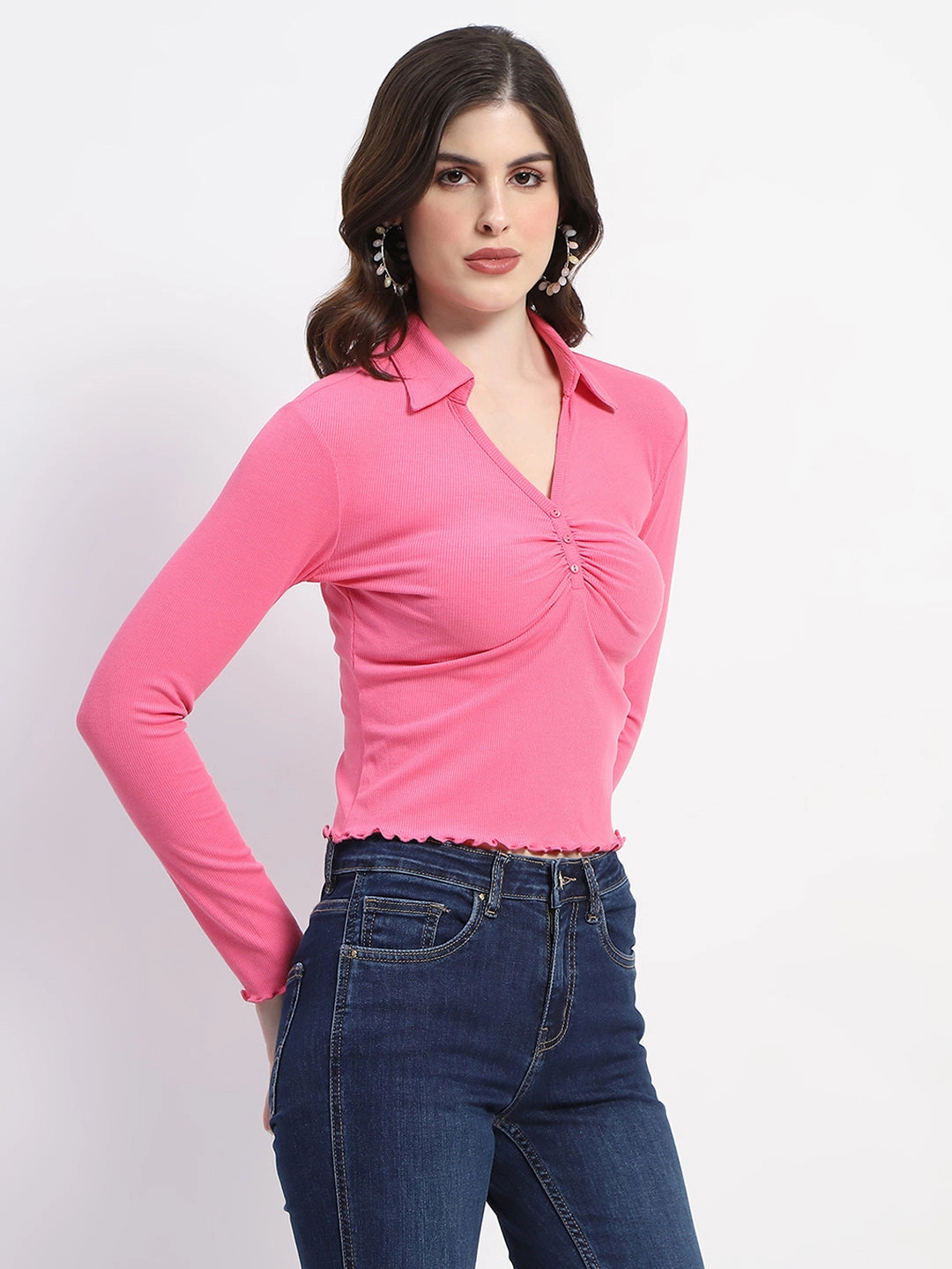HygienicCoating Sweat Absorbing Lining Madame Collared Neckline Scallop Hem Ruched Pink Top