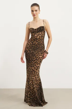Elastic-Cuff Ruched Chiffon Maxi Dress - Leopard Print
