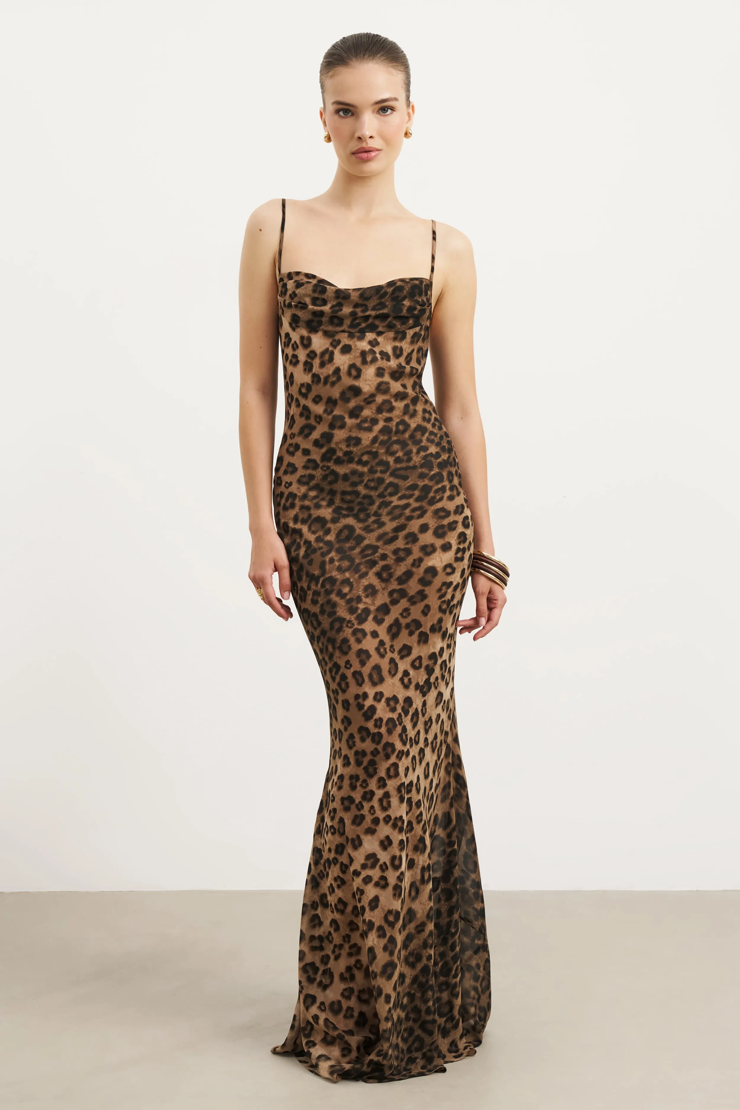 Ruched Chiffon Maxi Dress - Leopard Print Pure Motion