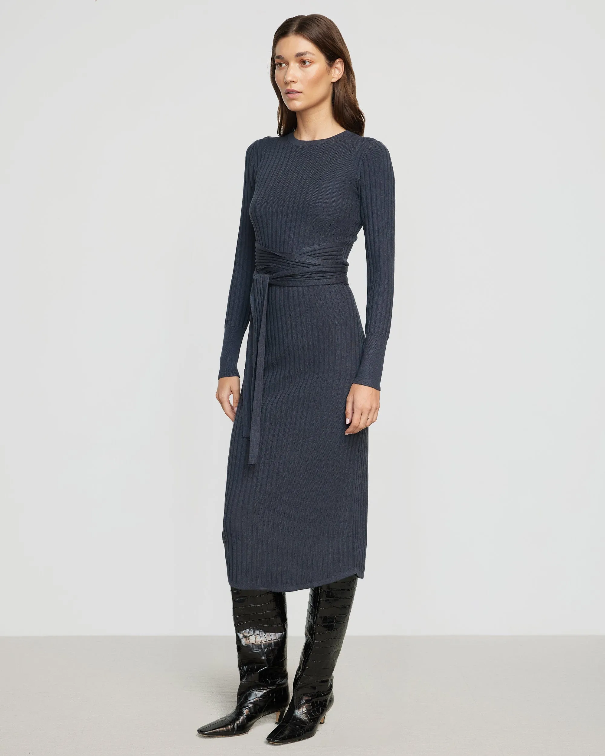 Cozy Layer Carmen Tie-Front Ribbed Dress