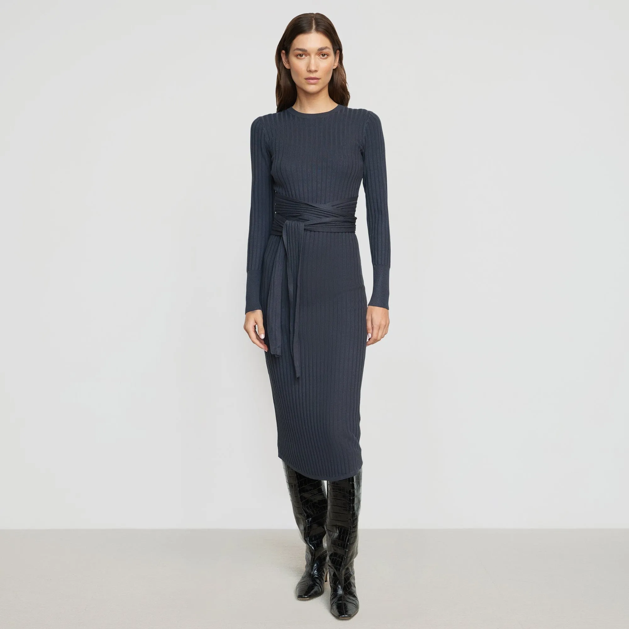 Quiet Luxury Formal dinner wear Carmen Tie-Front Ribbed Dress
