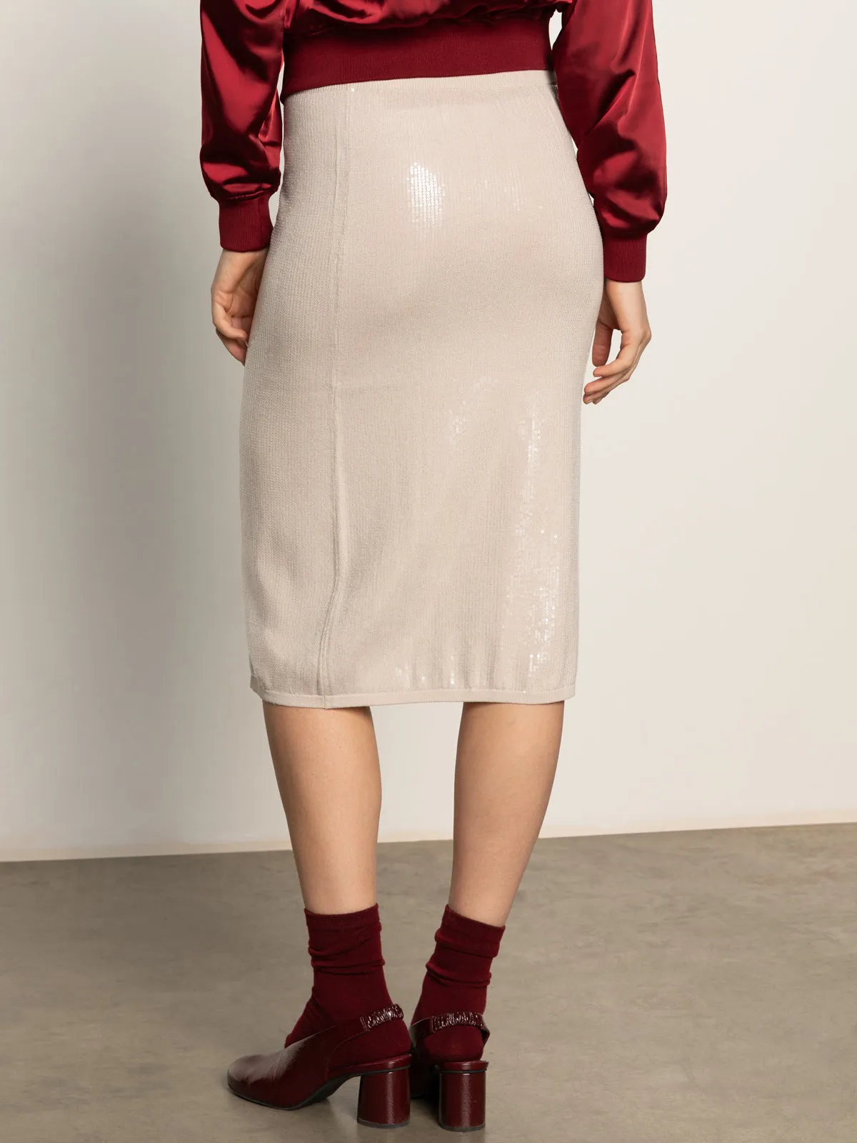 Laidback Style Minimalist Layering Sparkle Sequin Pencil Skirt Mother Of Pearl