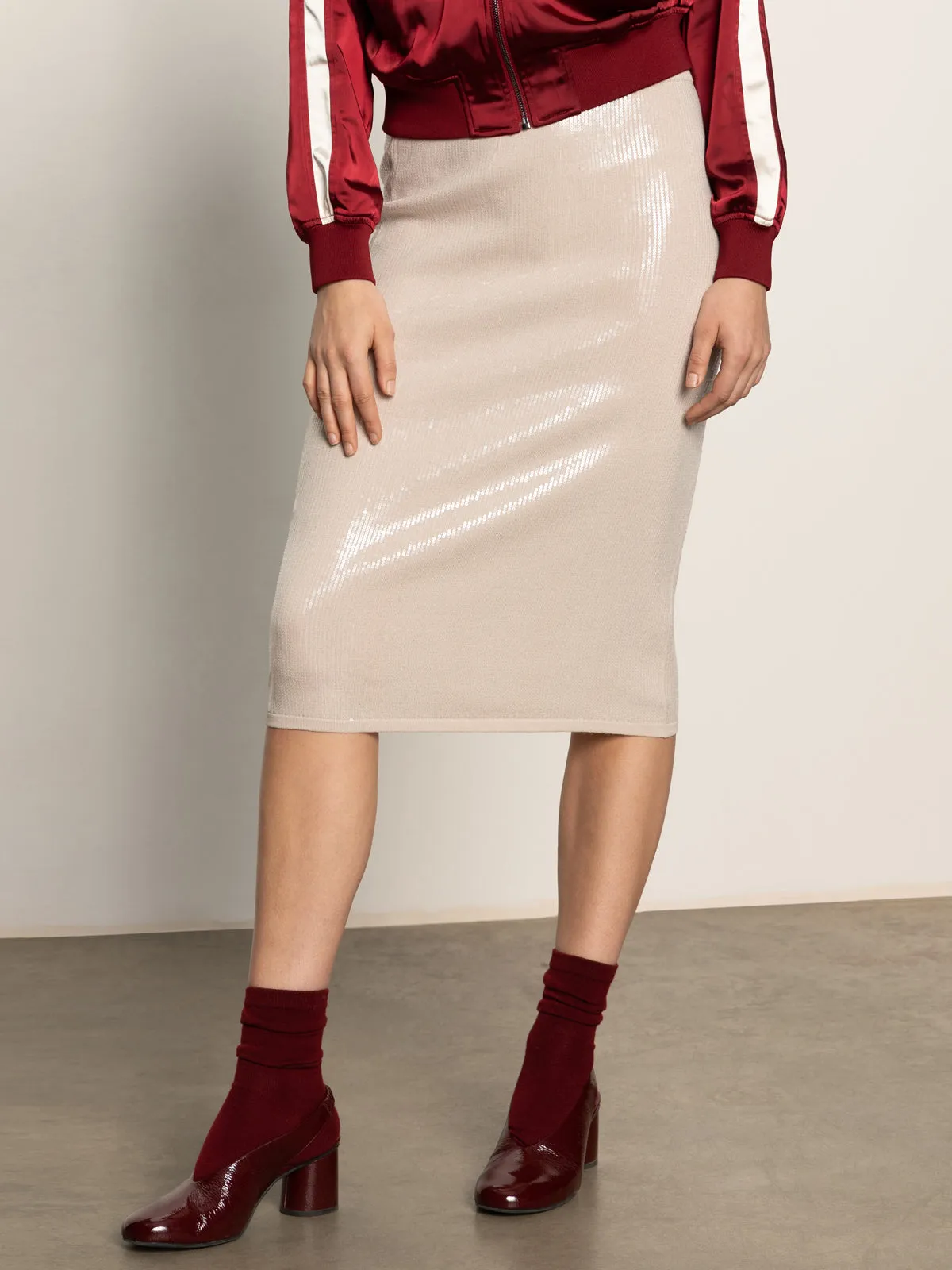 Sparkle Sequin Pencil Skirt Mother Of Pearl Laser Cut Edges Crisscross Back