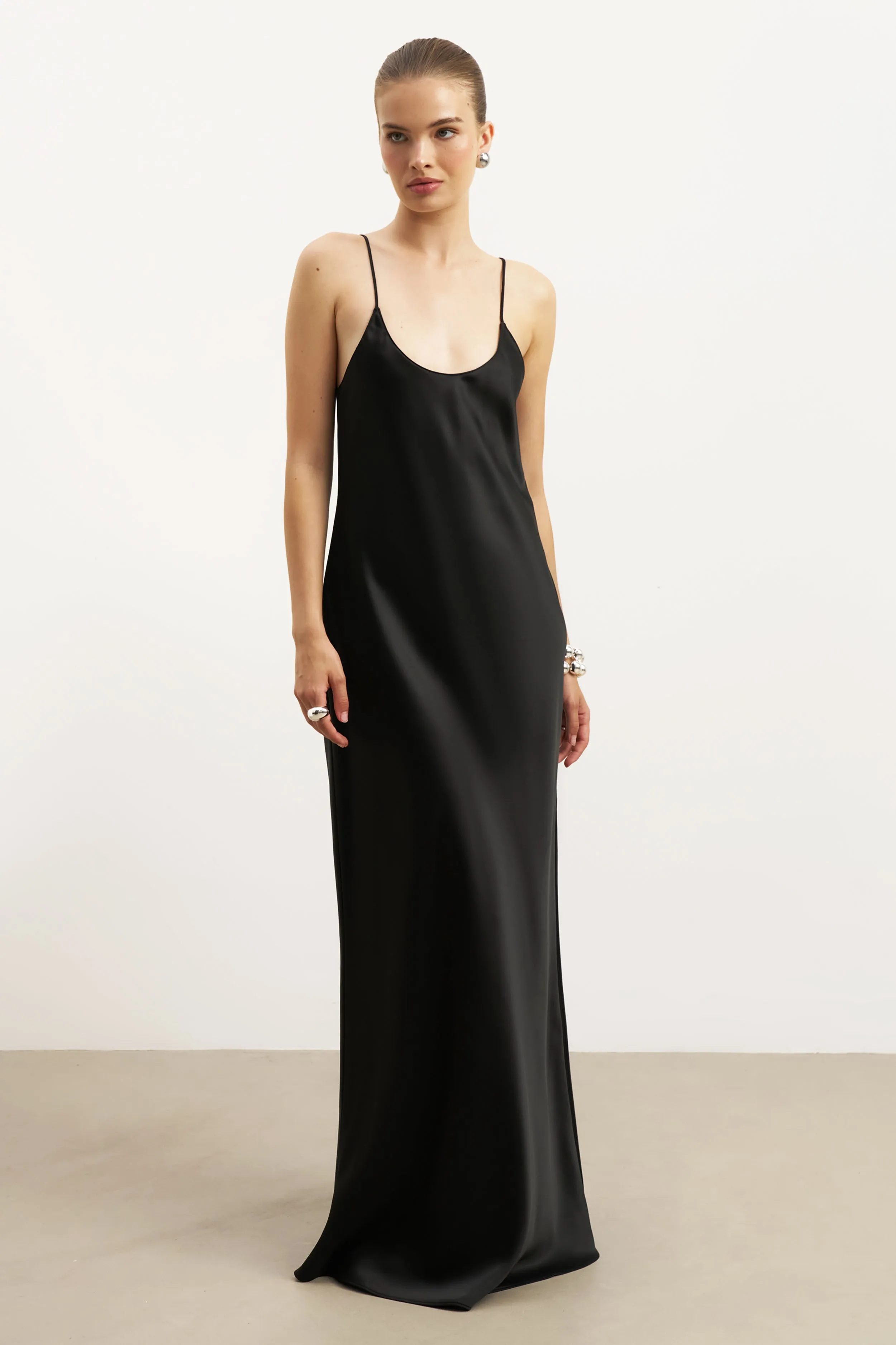 Easy Vibe Vibe Style Satin Scoop Neck Camisole Maxi Dress - Black
