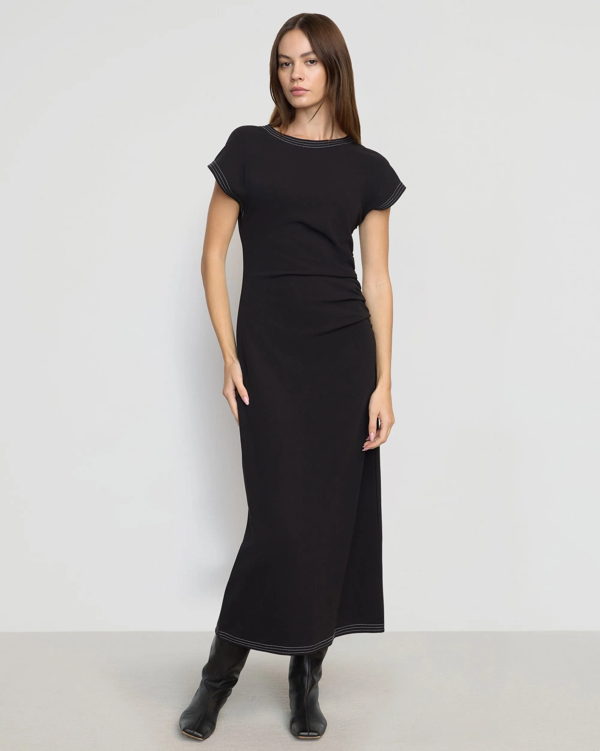 Modest Cut Side Tie Vela Contrast-Stitch Ruched-Waist Dress