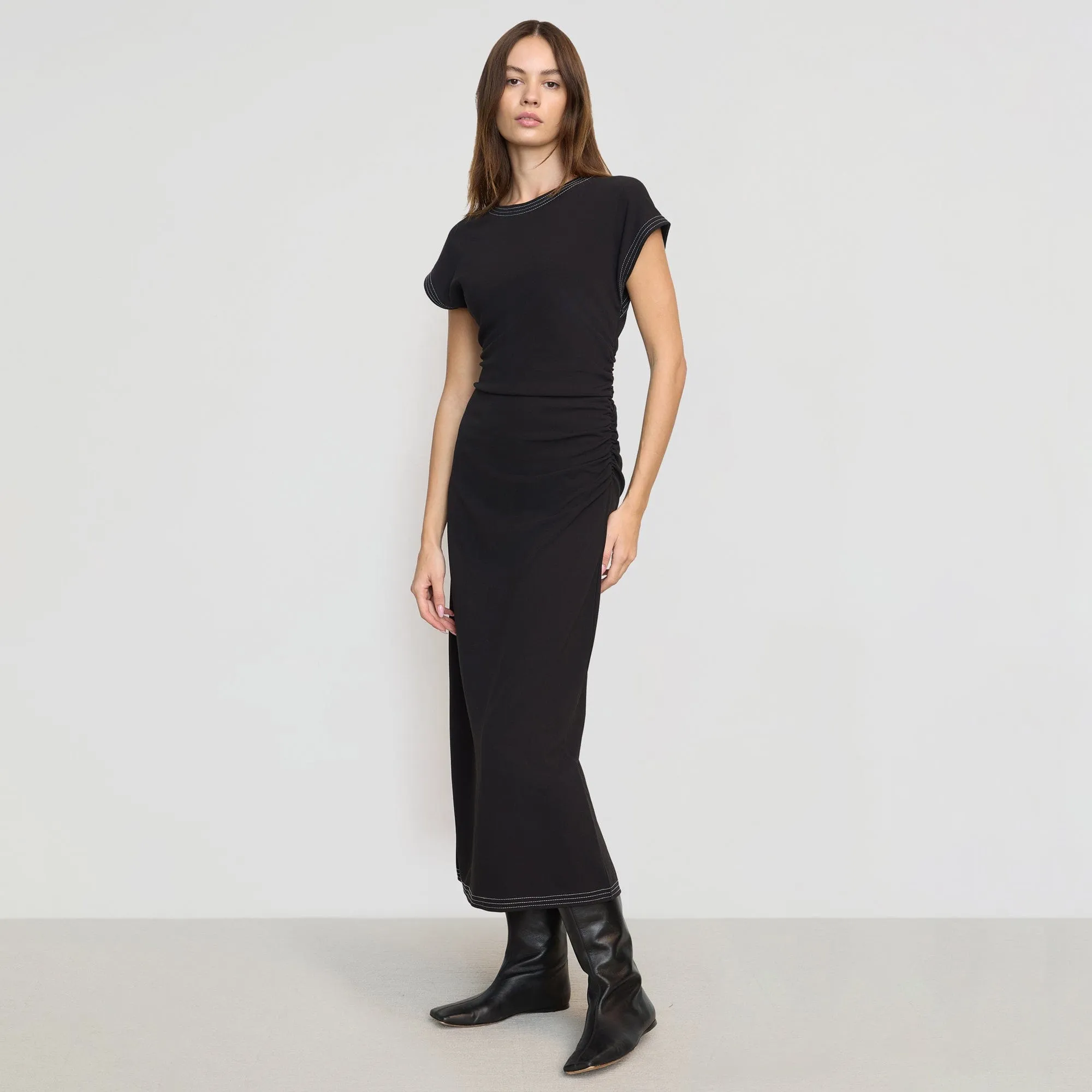 Vela Contrast-Stitch Ruched-Waist Dress Sequin-Detail Warm Palette
