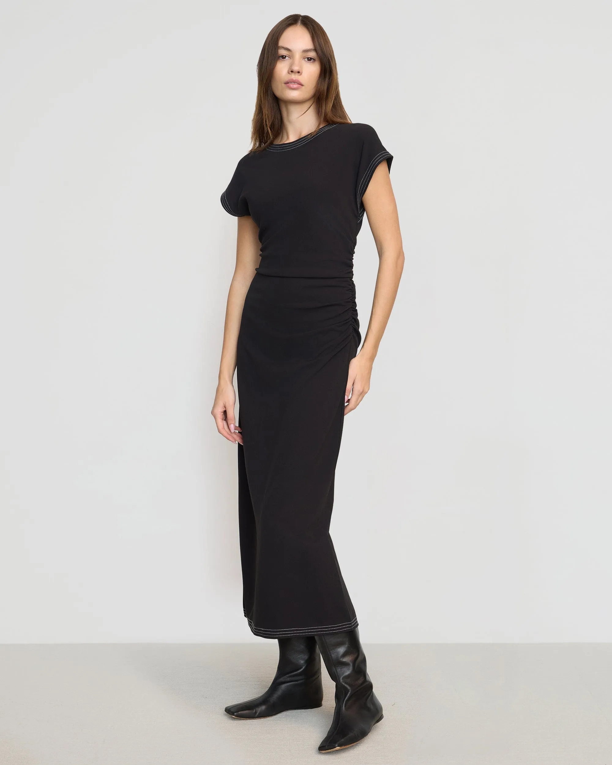 Clean Drape Vela Contrast-Stitch Ruched-Waist Dress