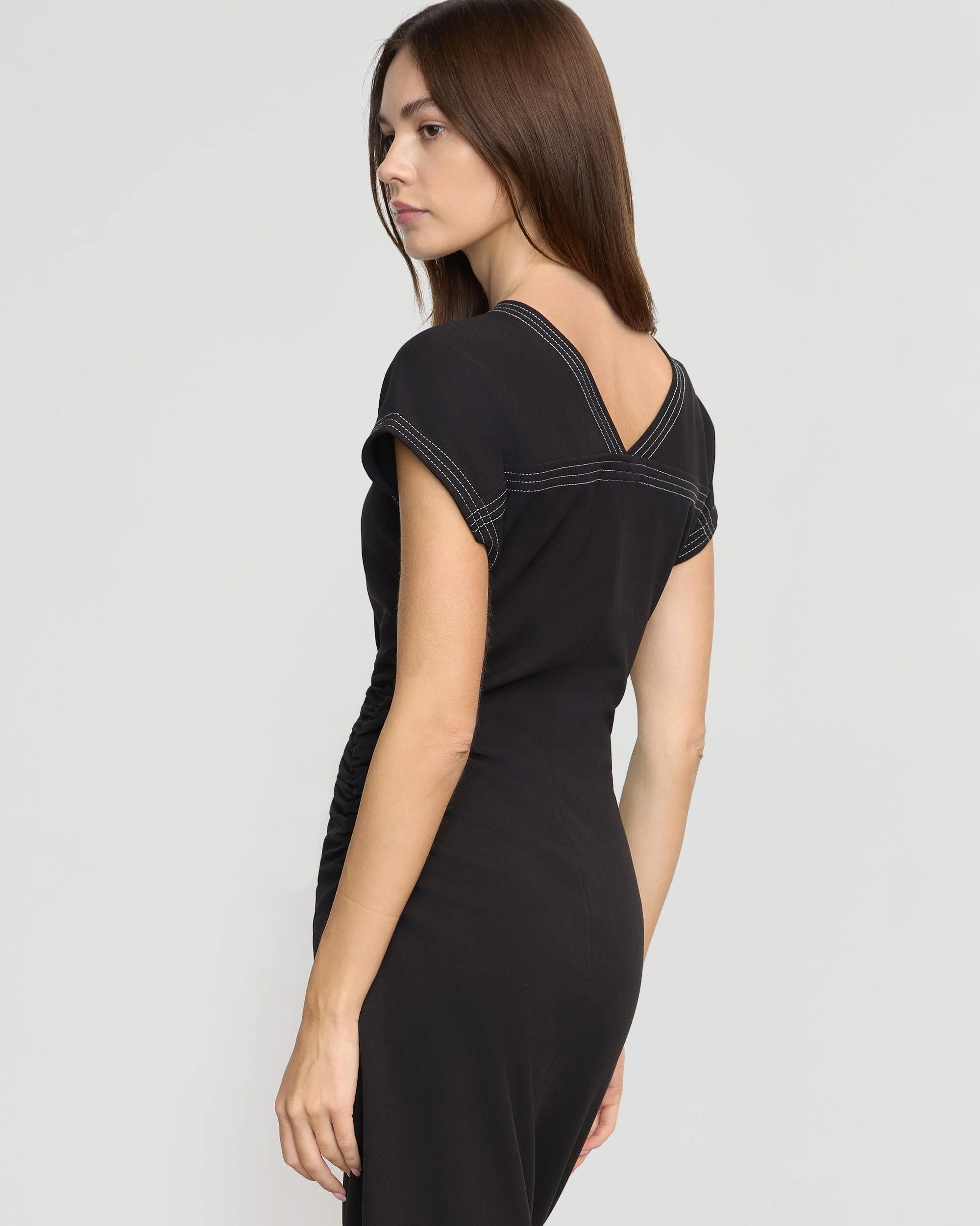 Bright Accent Vela Contrast-Stitch Ruched-Waist Dress