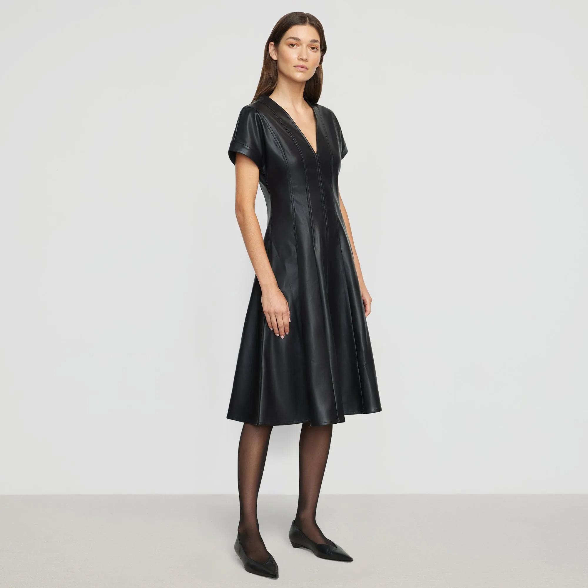 Flattering Waist Fit Ash Vegan Leather A-Line Dress