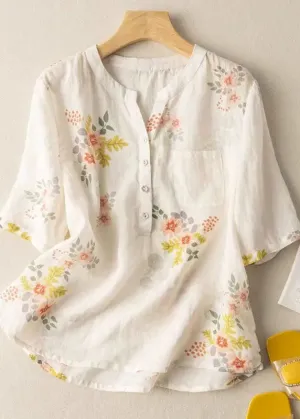 Elegant White Print Pockets Patchwork Linen T Shirt Summer LY8305