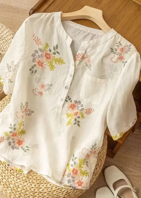 Elegant White Print Pockets Patchwork Linen T Shirt Summer LY8305