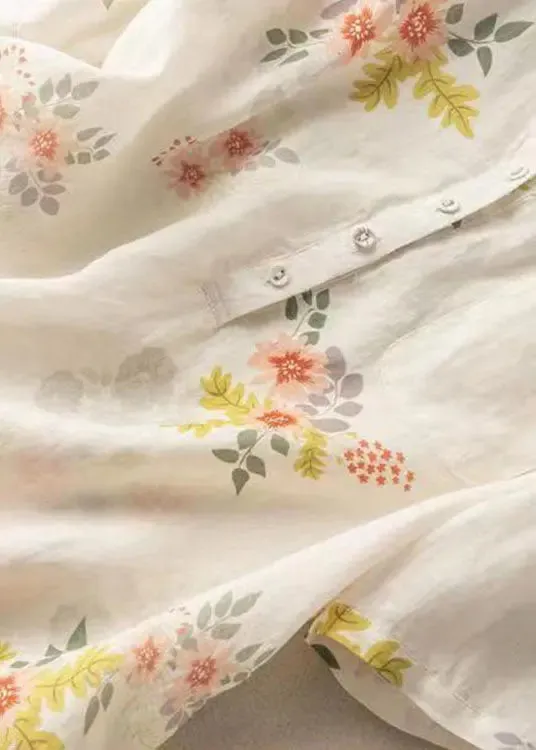 Elegant White Print Pockets Patchwork Linen T Shirt Summer LY8305