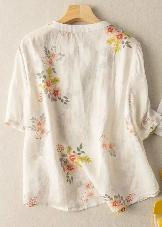 Elegant White Print Pockets Patchwork Linen T Shirt Summer LY8305