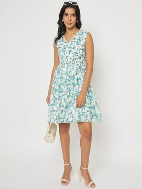 Madame Floral Print Smocked White Fit and Flare Mini Dress Formal Look Functional Style