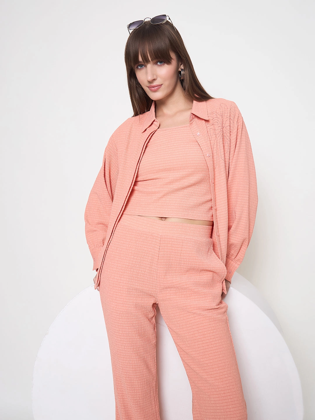Casual day-to-night piece Madame Embroidered Shirt with Crop Tank and Wide-Leg Pants Three Piece Orange Co-ord Set
