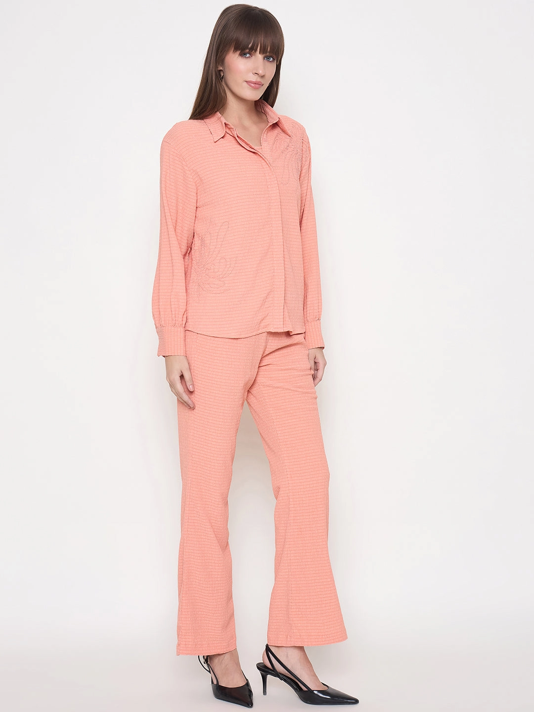 Madame Embroidered Shirt with Crop Tank and Wide-Leg Pants Three Piece Orange Co-ord Set Clean Outline Jewel Accent