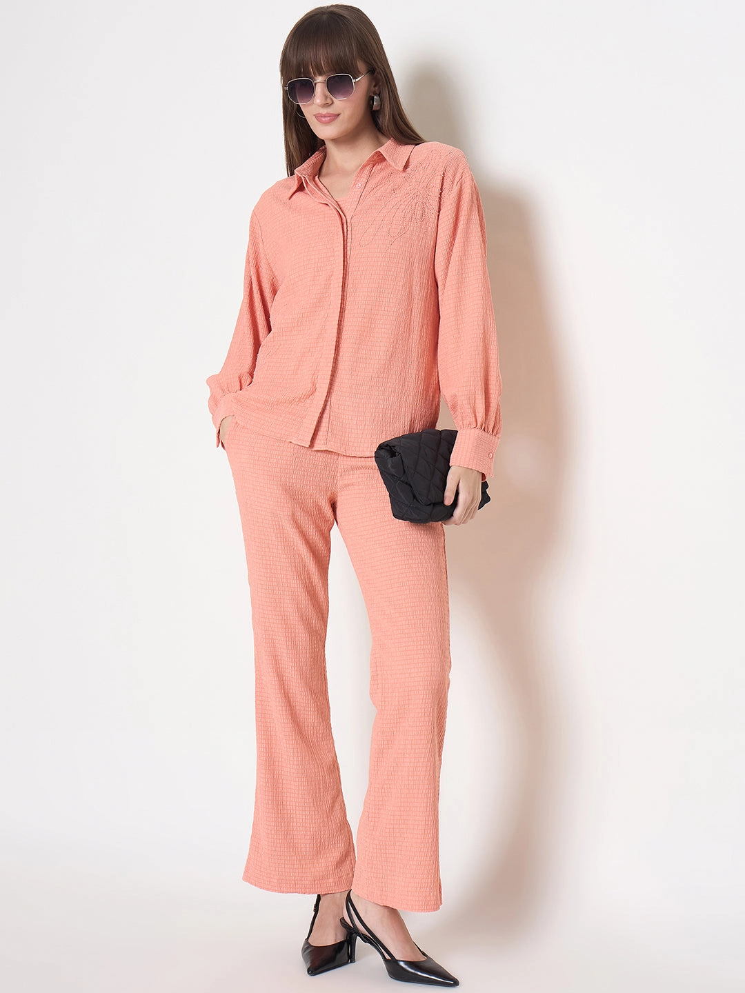 Madame Embroidered Shirt with Crop Tank and Wide-Leg Pants Three Piece Orange Co-ord Set Air Beauty Effortless Piece