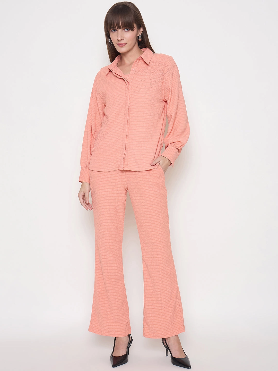 Madame Embroidered Shirt with Crop Tank and Wide-Leg Pants Three Piece Orange Co-ord Set Kind Glow Shiny Zip