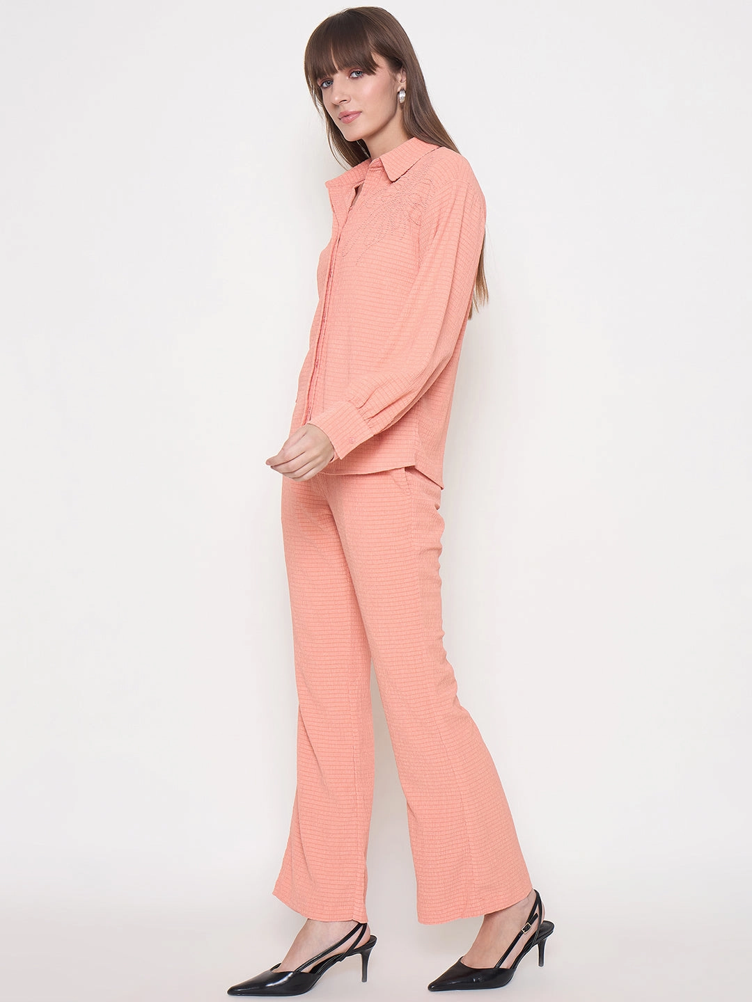 Comfortable travel dress Elegant Waist Madame Embroidered Shirt with Crop Tank and Wide-Leg Pants Three Piece Orange Co-ord Set