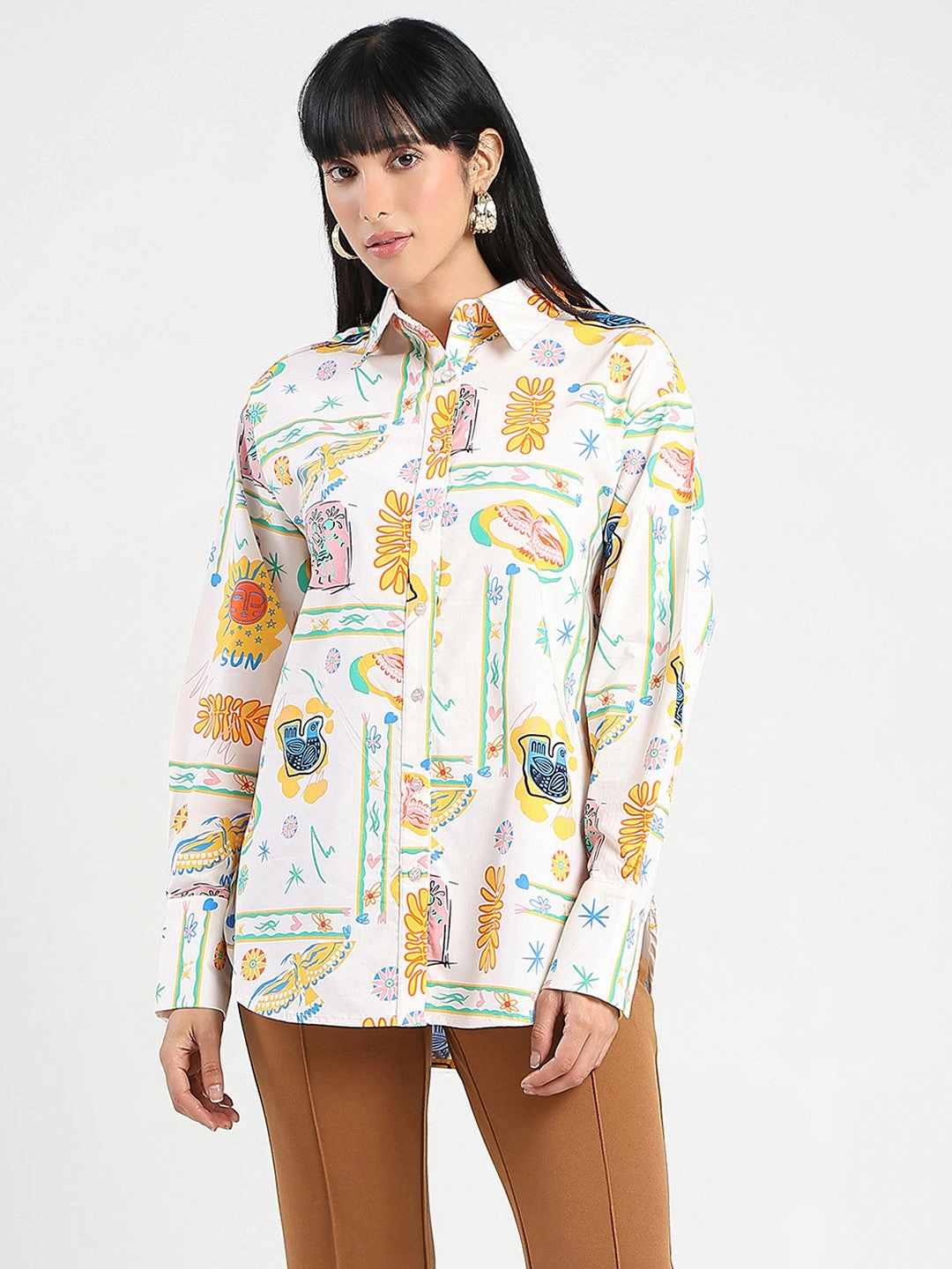 Madame All Over Print Beige Cotton Blend Shirt Stretchable Fabric