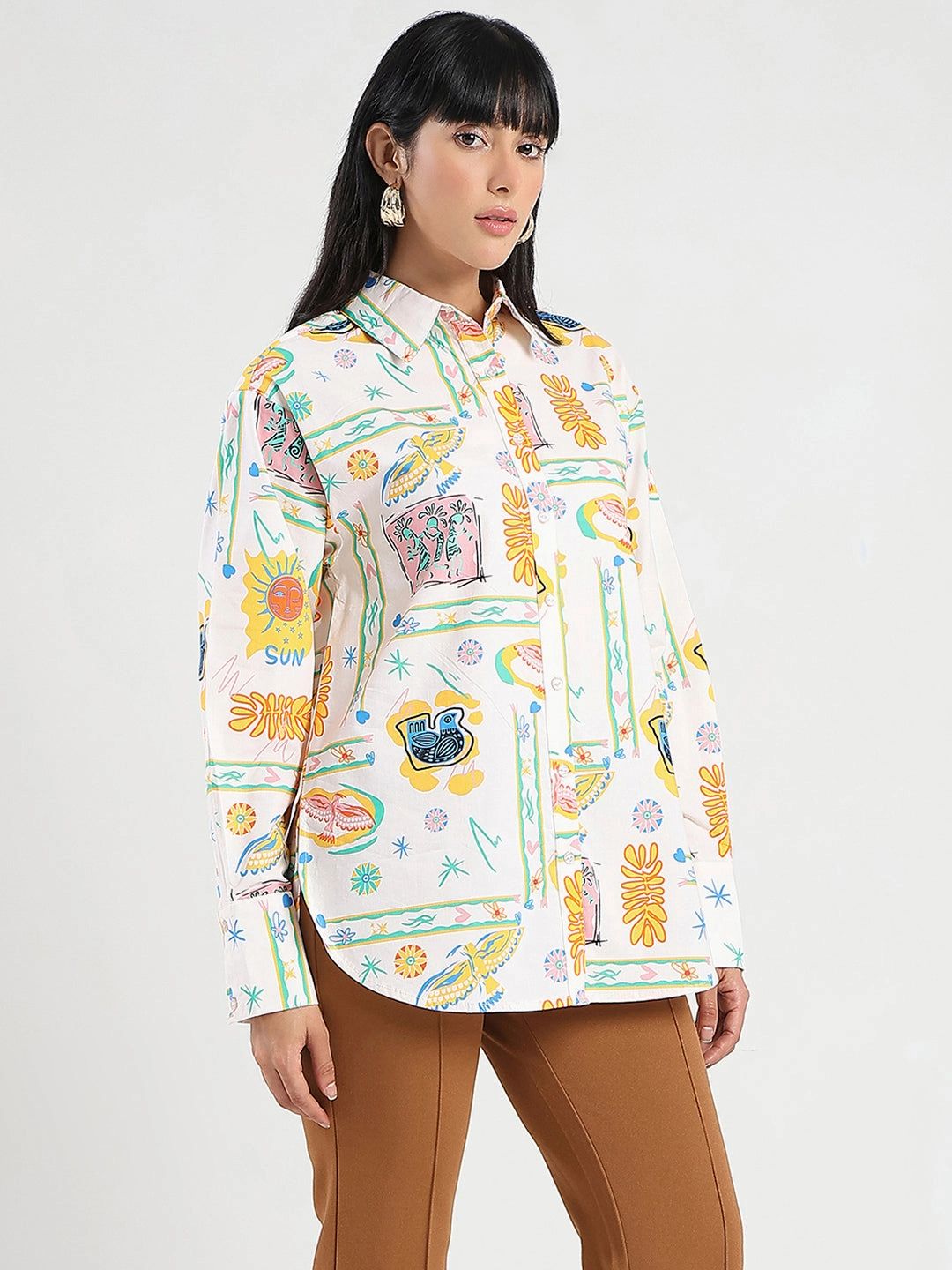 Sustainable Manufacturing Process Party Ready Madame All Over Print Beige Cotton Blend Shirt