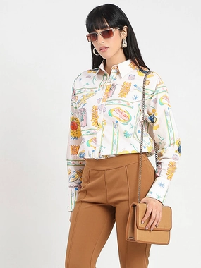 Madame All Over Print Beige Cotton Blend Shirt Breathable Underarm Vents Roomy Cut