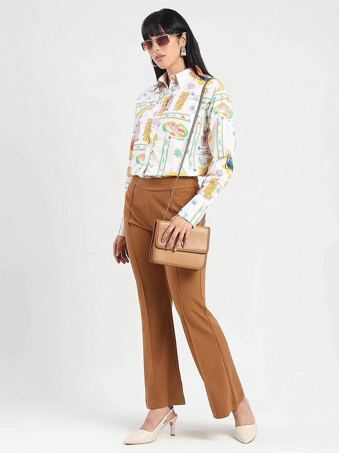 Chic Look Cocktail Party Madame All Over Print Beige Cotton Blend Shirt