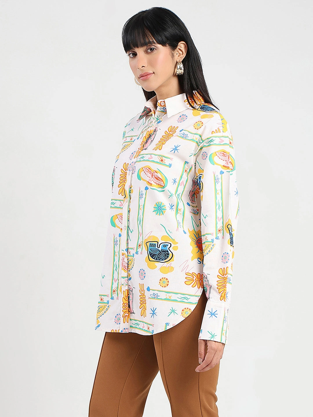 tall size Youthful Style Madame All Over Print Beige Cotton Blend Shirt