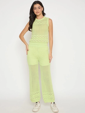Clean Lines Flared-Hem Madame Cotton Top and Bottom Lime Yellow Knitted Co-ord Set