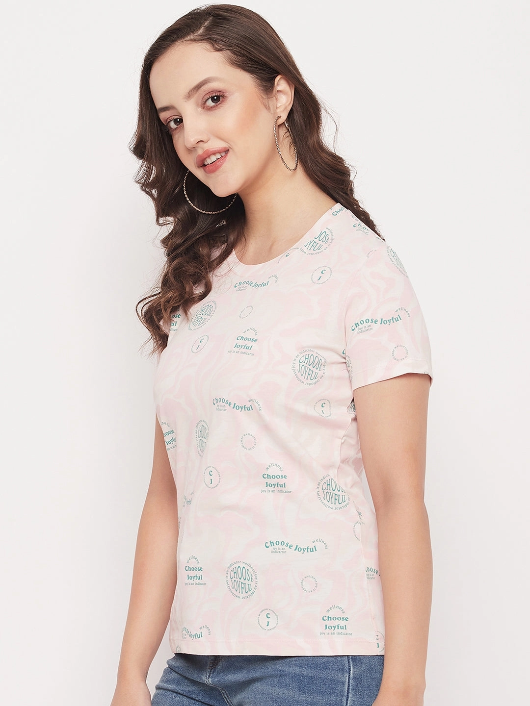 Madame Peach Round Neck Printed Cotton T-Shirt Flattering Shape Breathable apparel