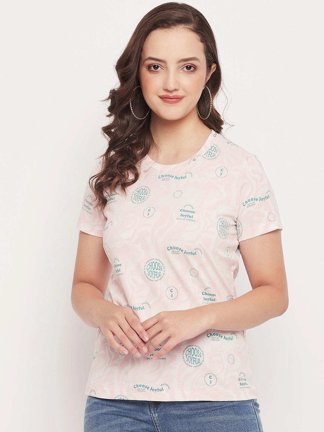 Madame Peach Round Neck Printed Cotton T-Shirt Collared timeless