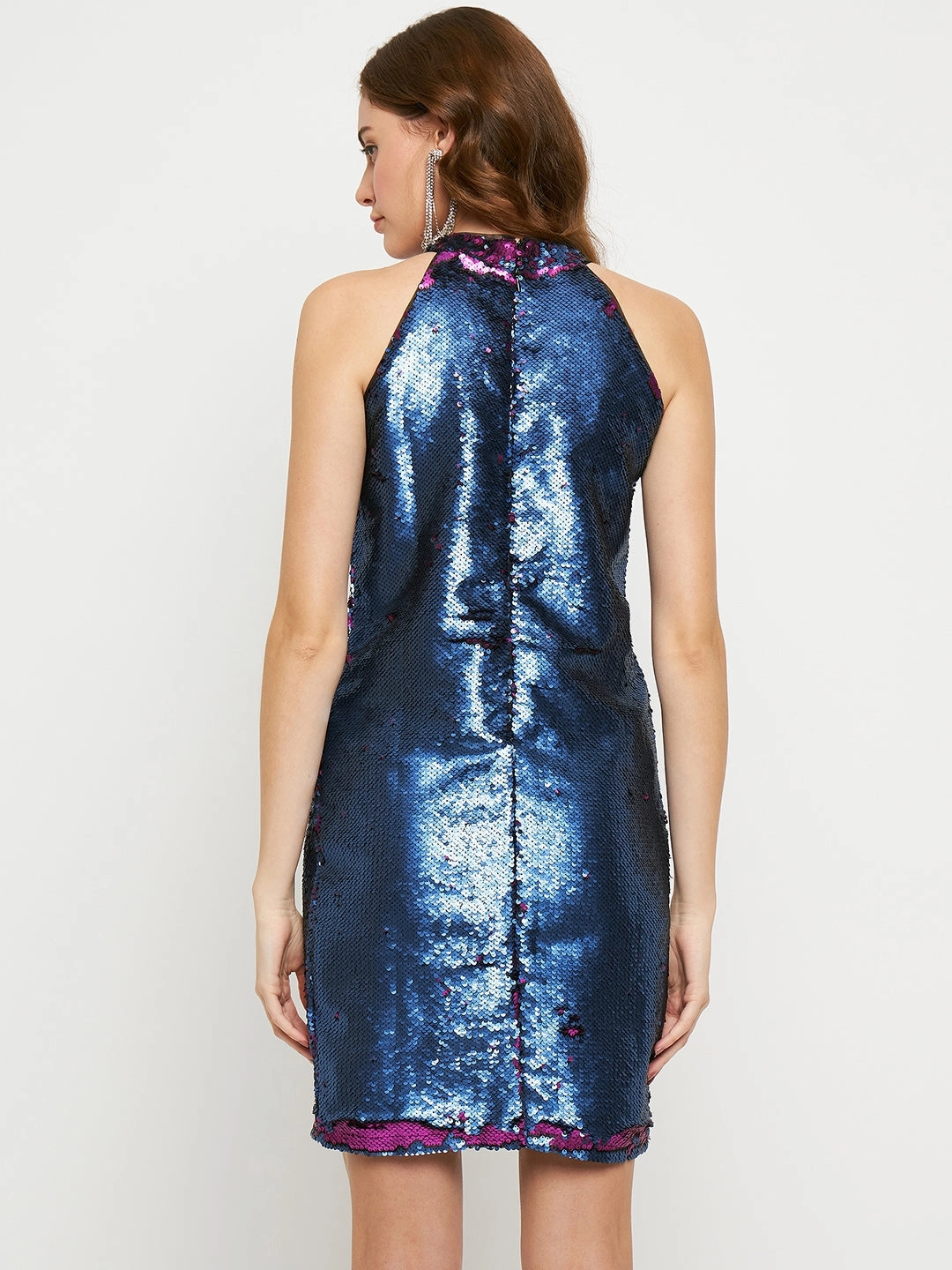 Madame Cobalt Blue Reversible Sequin Halter Neck Dress Chill Lines