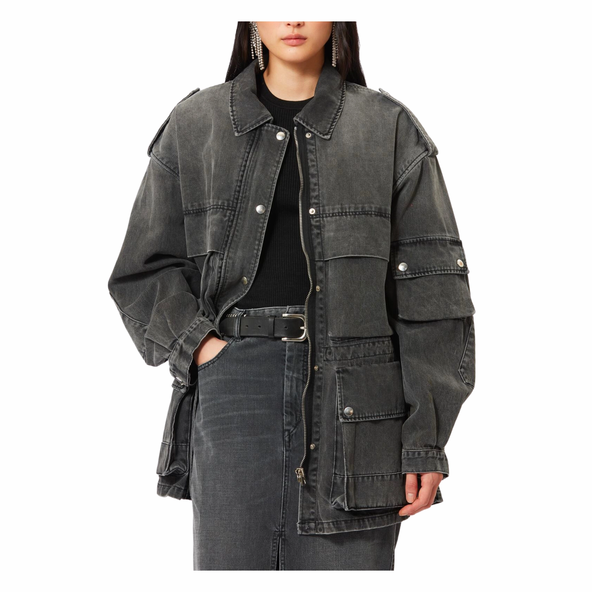 Elize Oversized Denim Jacket Smooth Flat Collar Active Style