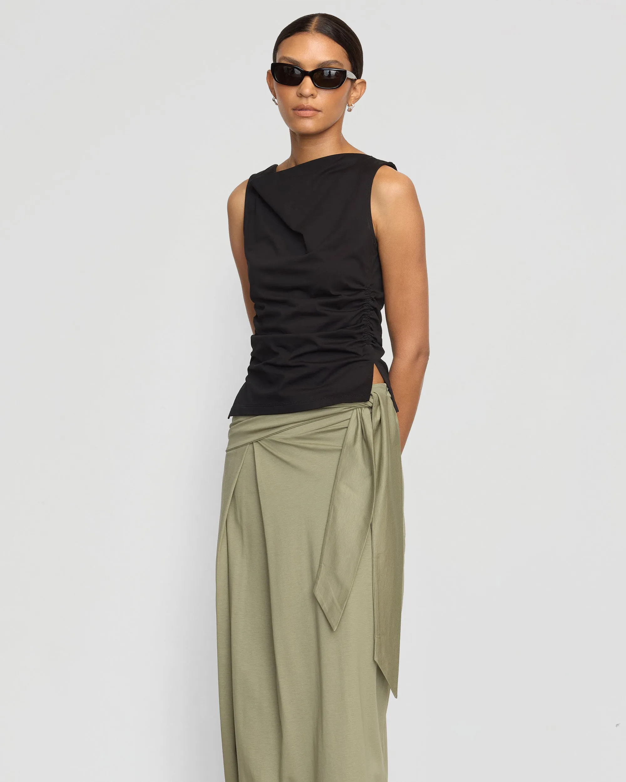 Elke Tie-Waist Maxi Skirt Smooth Texture Low Rise