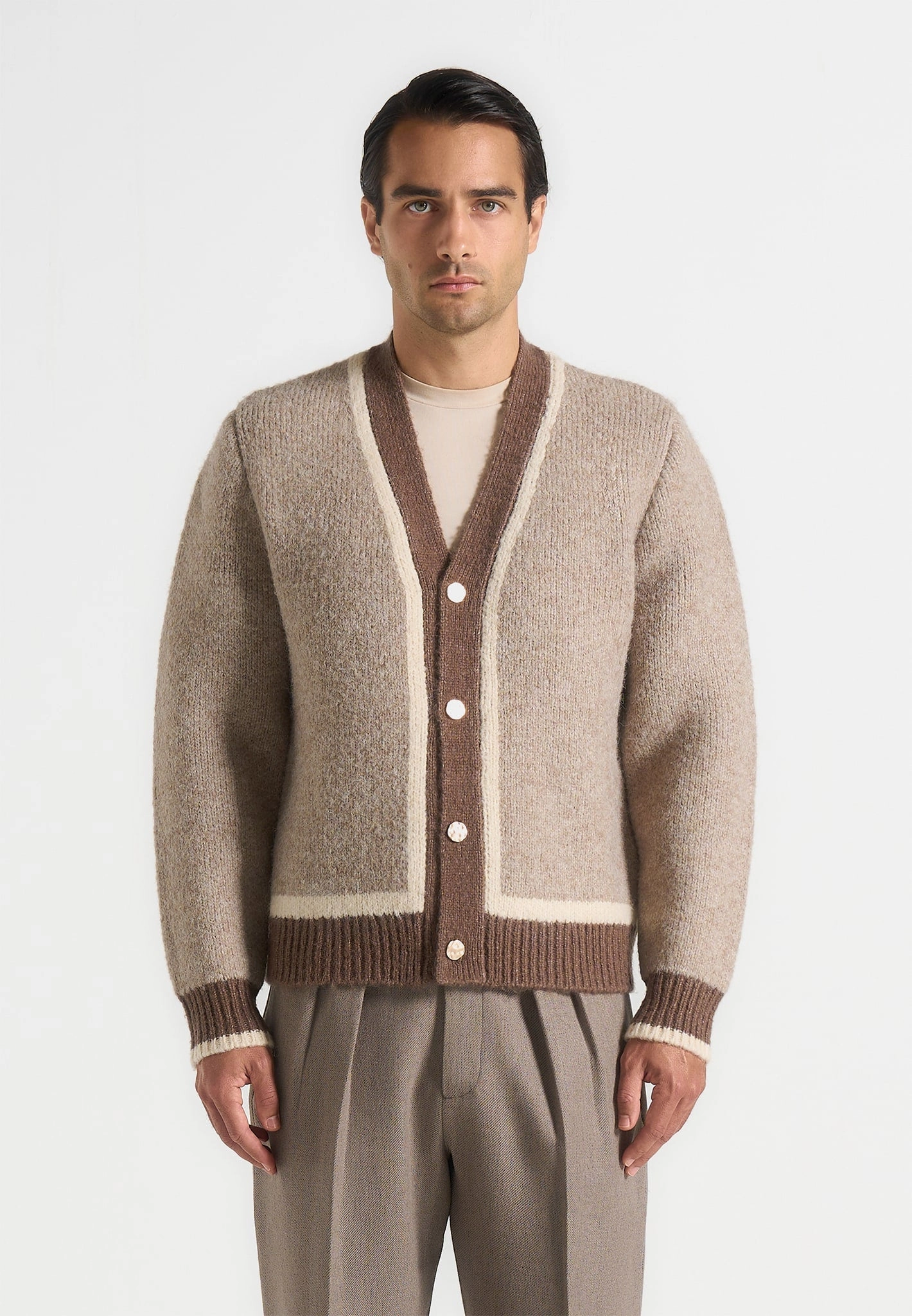 Indoor Comfort Elon - Wool Knit Contrast Cardigan - Beige
